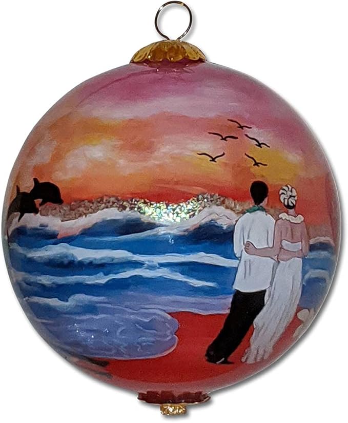 Just Married in Hawaii Collectible Hawaiian Ornament Hand-Painted Glass with Gift Box JMP/H