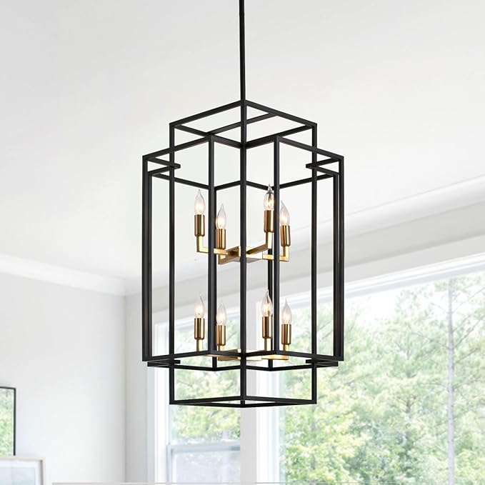 WJShome 8-Lights Farmhouse Chandelier, Modern Foyer Lighting Fixtures, Large Chandeliers for High Ceilings, Black and Gold Tiered Lantern Pendant Light, for Living Room, Staircase, Entryway
