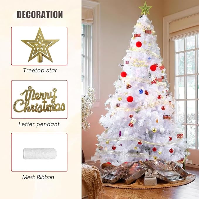 8FT Artificial Christmas Tree, Full Premium Hinged Artificial Pine Tree with Sturdy Metal Stand 1500 Branch Tips,White