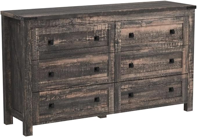 T4TREAM Farmhouse 6 Drawers Dresser for Bedroom, Wood Rustic Wide Chest of Drawers, Storage Dressers Organizer for Bedroom, Living Room, Hallway, Dark Rustic Oak