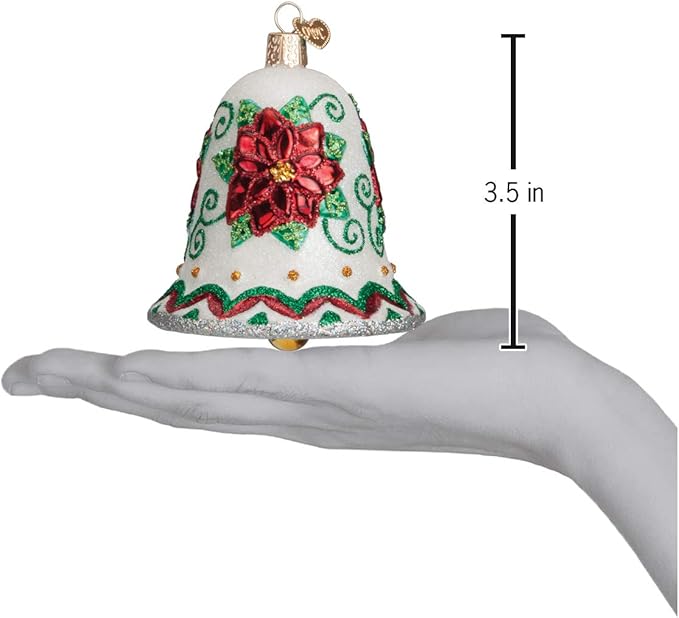Old World Christmas Poinsettia Bell Glass Blown Ornament for Christmas Tree, Handcrafted Holiday Decoration, Bell Collection