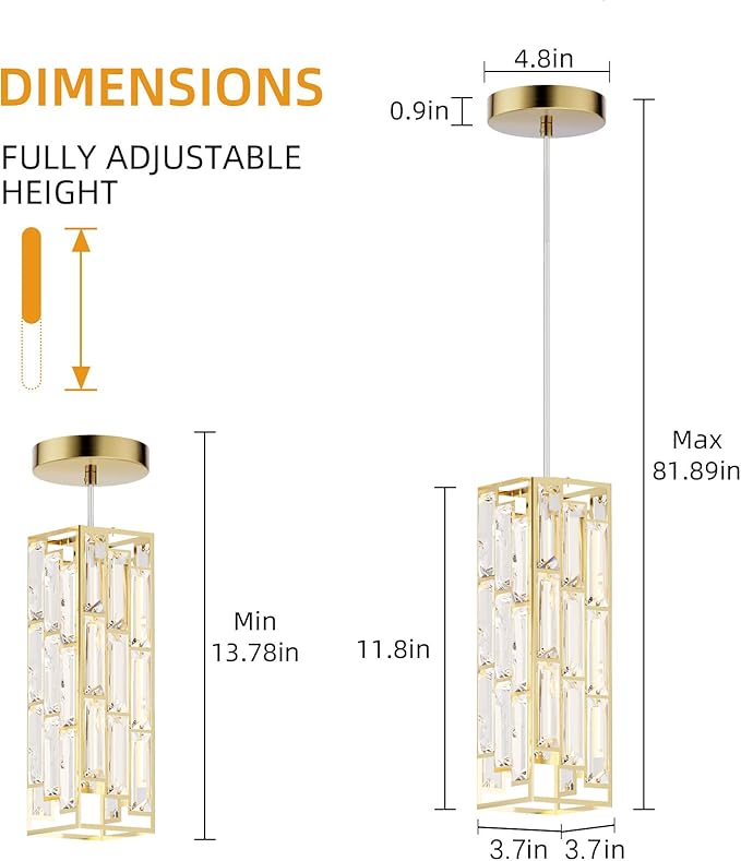 Brass Pendant Lights Modern Pendant Light Fixture, Mini Crystal Pendant Ceiling Light, Pendant Light for Kitchen Island, Dinning Room, Bedroom, Kitchen Sink Lighting (2-Pack)
