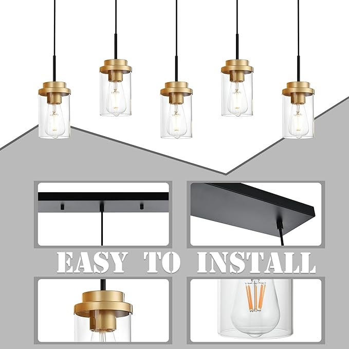 MELUCEE 5-Lights Adjustable Hanging Pendant Light Fixtures 37 Inches in Black, Modern Kitchen Island Lighting Linear Chandelier for Dining Room Over Table with Clear Glass Shade, Gold Socket