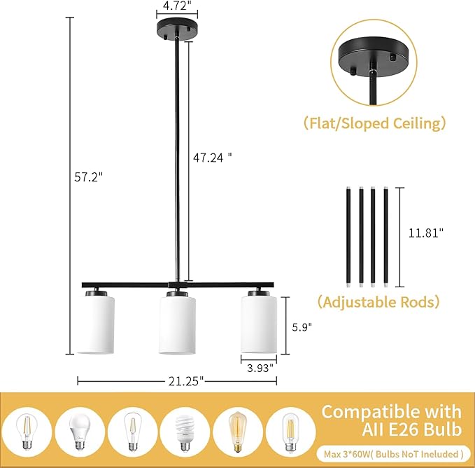 3-Light Modern Island Lights for Kitchen, Black Dining Room Light Fixtures Farmhouse Linear Chandeliers Over Table, White Frosted Glass Adjustable Hanging Light Kitchen Pendant Lighting Over Island