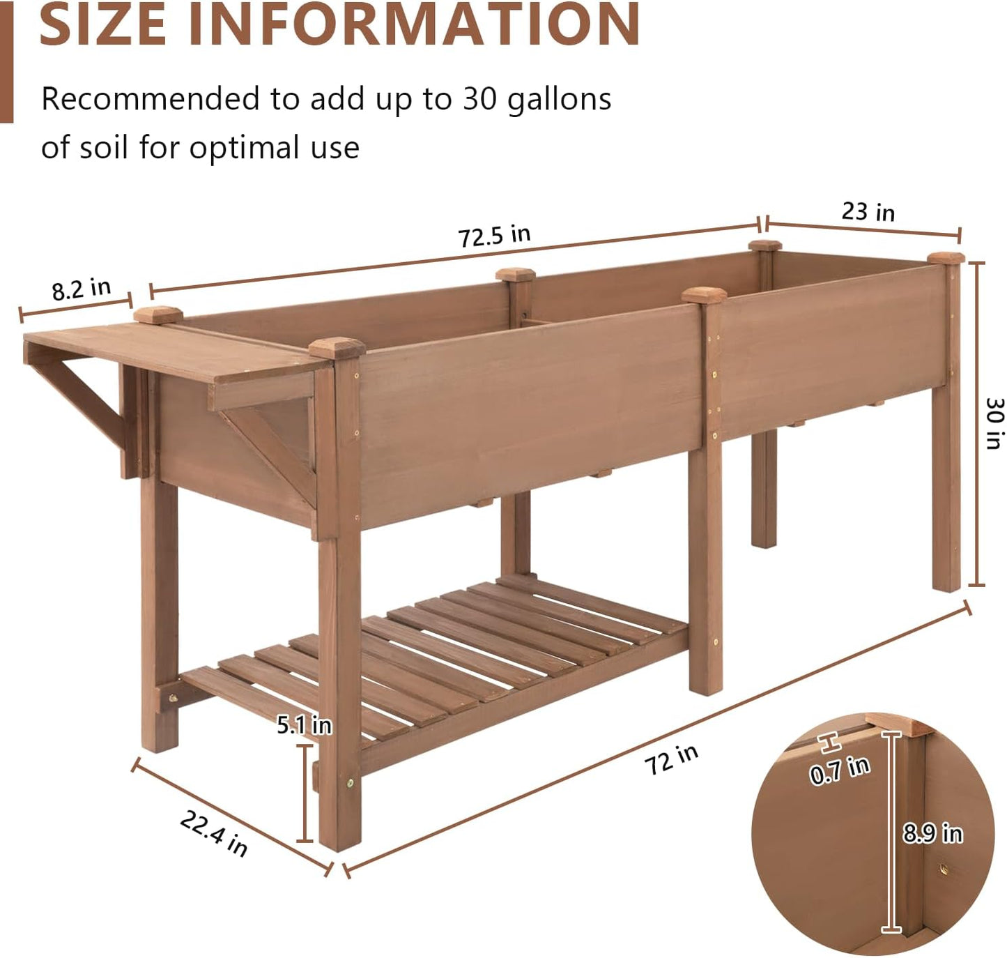 Raised Garden Bed with Legs Outdoor,Elevated Garden Box,Storage Shelf, Protective Liner for Backyard,Patio,Balcony,80x23x30in (Brown)