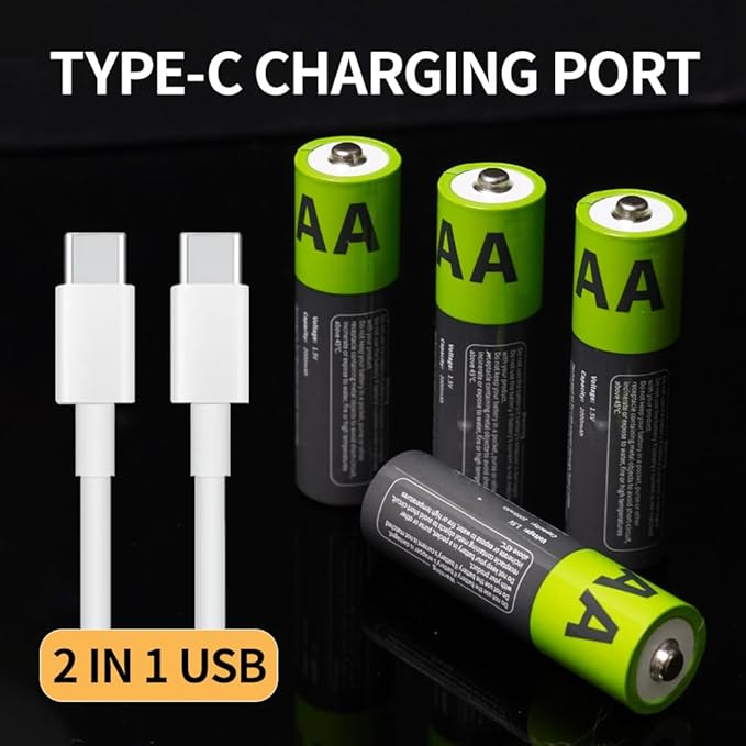 2000mAh USB-C Rechargeable AA Batteries, 1200 Cycles Life, Fast Charging with Type-C Cable, for Gaming Controllers, Mouse, Keyboard & Home Electronics, Black Green (16)