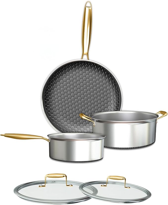 FogDream 5pcs Stainless Steel Cookware, Tri Ply Pots And Pans Set, Non Stick Frying Pans, Cool Handles, Dishwasher Safe, Induction Compatible, Silver (rose gold)