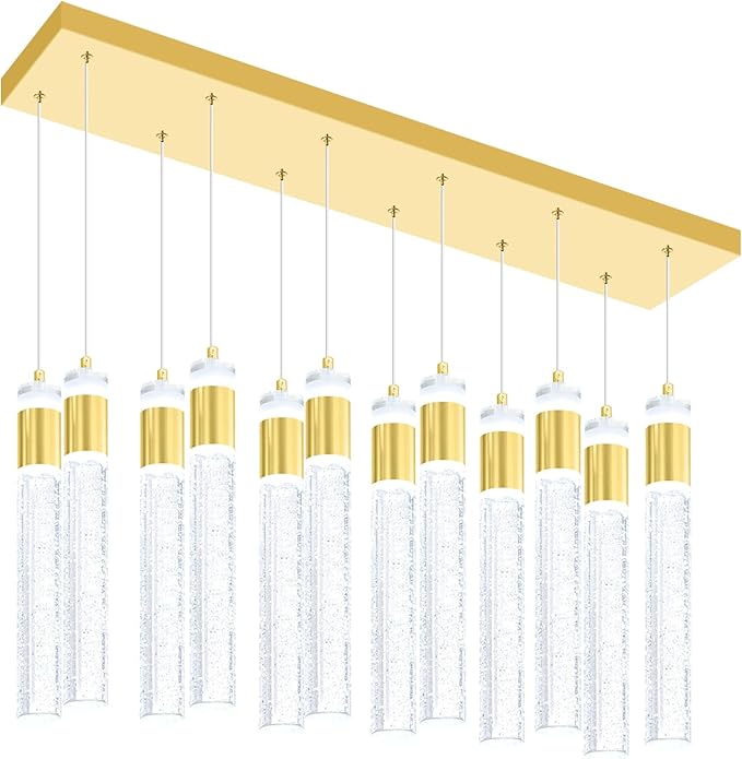 Glam Rectangular Crystal Column Chandelier for High Ceiling 12-Lights Gold LED Dimmable Pendant Light for Kitchen Island Dining Room Entrance Foyer Living Room Adjustable Height