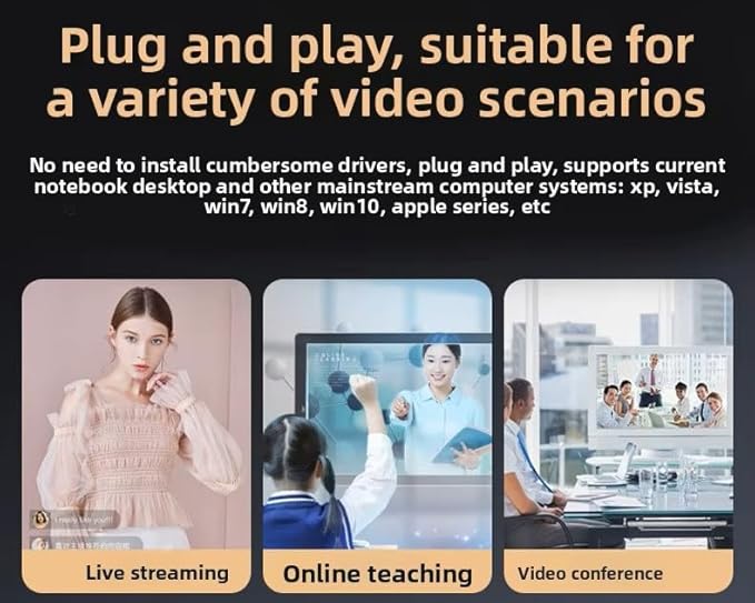 FHD 4K Webcam with AutoFocus, USB Desktop Camera, Black Webcam, Built-in Microphone for Video Conferencing, Online Meetings, Universal Tripod-Ready Clip fits laptops and LCD Monitors.