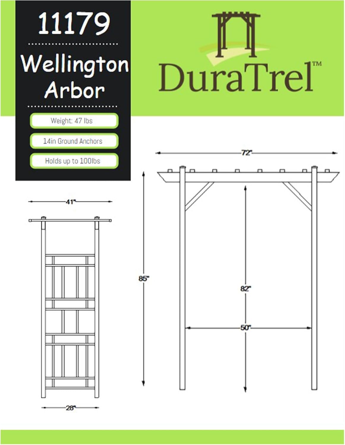 Dura-Trel Wellington Arbor, Vinyl Garden Archway for Outdoors, White, 72" x 85" - Backyard Decorative Arch for Pathways & Entrances w/ Trellis Sides for Climbing Plants, Vines & Flowers