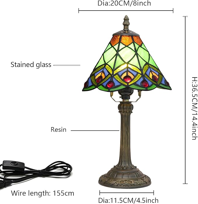 Green Small Tiffany Lamp Stained Glass Table lamp Peacock Tail Bedroom Bedside Light for Living Room Dormitory Bar Retro Style Unique Cute funky Accent Decor Cottage 8" Village gift Nightstand Lamp