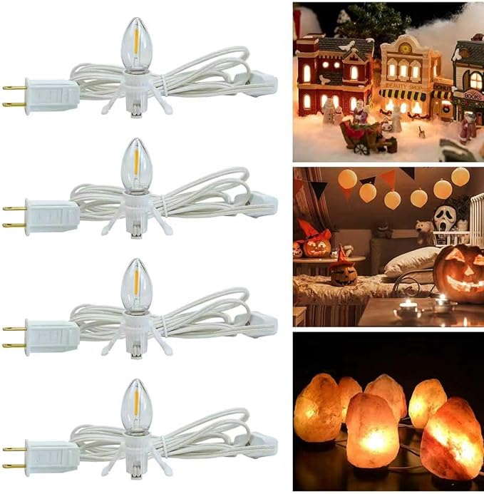 KGC 4 Pack Accessory Cord with C7 LED Light Bulb, 6 Ft Indoor Blow Mold Light Cord with Plugs for Halloween Pumpkins Christmas Village Houses and Craft Projects Decoration.