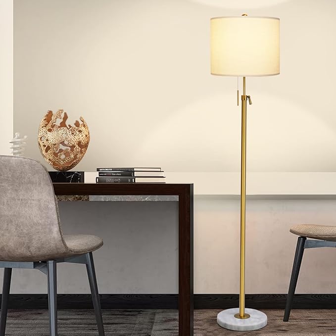 【Upgrade】Gold Floor Lamps for Living Room, 55"-67" Height Adjustable Modern Standing Lamp with Marble Base, Pull Chain Switch, 3-Way Dimmable Tall Pole Lamp for Bedroom Office Reading, Bulb Included