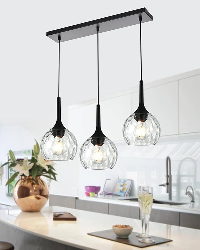 VINLUZ Linear 3-Light Hanging Pendant Kitchen Island Light in Black Finish, Modern Chandelier with Round Ribbed Glass Shades for Dining Room and Hallway