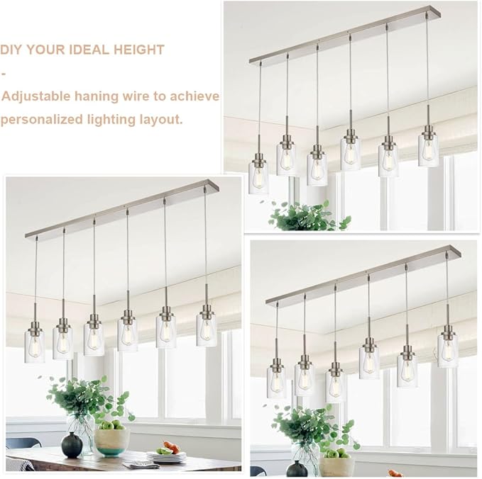 6-Lights Pendant Lighting for Kitchen Island in Brushed Nickel, Ceiling Light Fixtures with Adjustable Hanging Wire & Clear Glass Shades