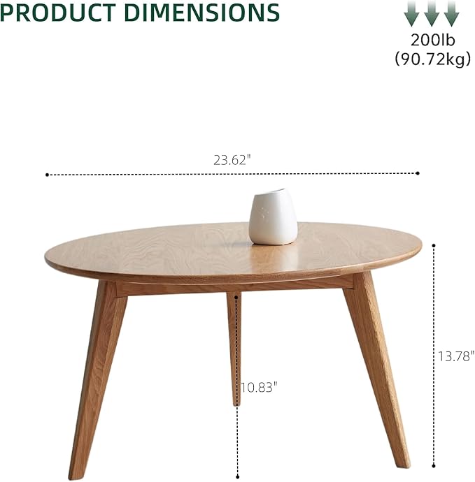 100% Solid Oak Wood Mini Coffee Table, Round Cofffe Tables Side Table w/Solid Wood Legs, Walnut Mid Century Table for Bedroom Balcony Living Room (23.62" D x 13.78" H)