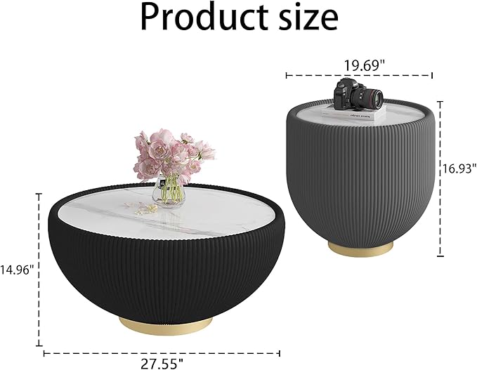 Round Living Room Table Set, 27.56" Black Drum Center Table and 19.69" Grey Coffee Table Set, 2 Pieces Coffee Table Set with Sintered Stone Tabletop, Fluted PU Leather Covered and Metal Base