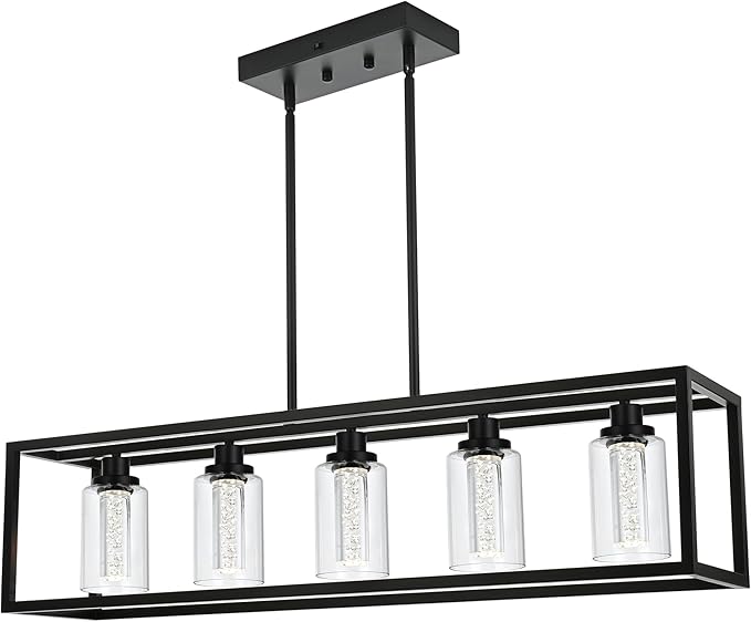 MELUCEE Dining Room Light Fixtures Over Table, 5 Light Black Kitchen Island Lighting LED Pendant Light, Linear Bubble Crystal Chandelier with Clear Glass, Built in LED chips 5-Color Temperature Adjust