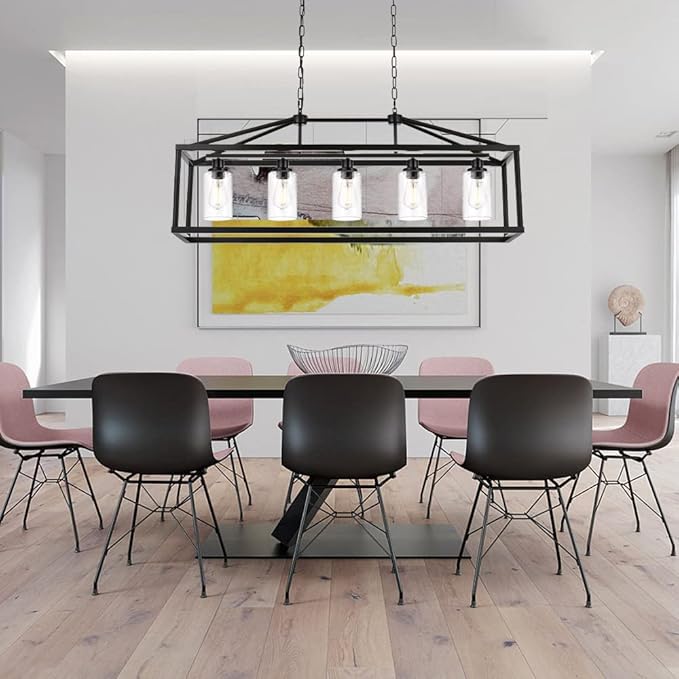BONLICHT 5 Light Farmhouse Chandelier Ceiling Hanging Dining Room Lighting Fixtures Matte Black Modern Pendant Lighting Industrial Rectangular Kitchen Island Chandelier Fixture with Seeded Glass Shade