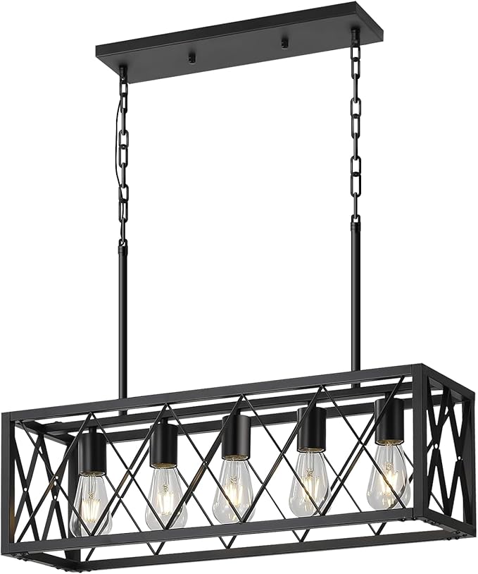 5-Light Kitchen Island Pendant Light, Black Rectangular Farmhouse Chandelier, Industrial Metal Linear Ceiling Hanging Lighting Fixture for Dining Room, Living Room, Entryway, Foyer, Bar