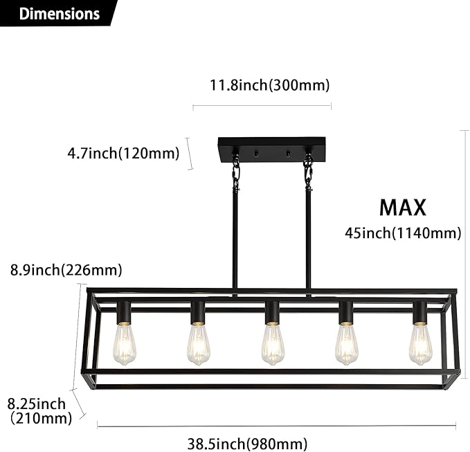 XILICON Kitchen Island Lighting Farmhouse Chandeliers Black 5 Light Modern Dining Room Lighting Fixtures Hanging, Kitchen Island Cage Linear Pendant Lights Ceiling Light