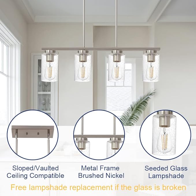 TODOLUZ 4-Lights Kitchen Island Pendant Light Fixture with Seeded Glass Shade, Brushed Nickel Hanging Ceiling Lighting for Farmhouse Dining Room