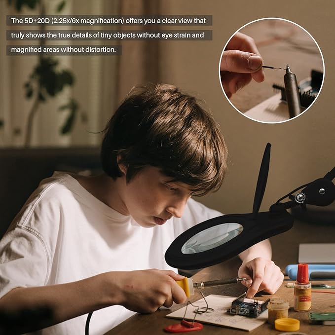 Bifocals LED Magnifying Lamp with Clamp, 5 Diopter with 20 Diopter, 5 Inch Magnifier Glass Lens, 1200 Lumens Dimmable Magnifier Lamp for Desk Craft Hobby with 60PCS Bright LEDs (Black)