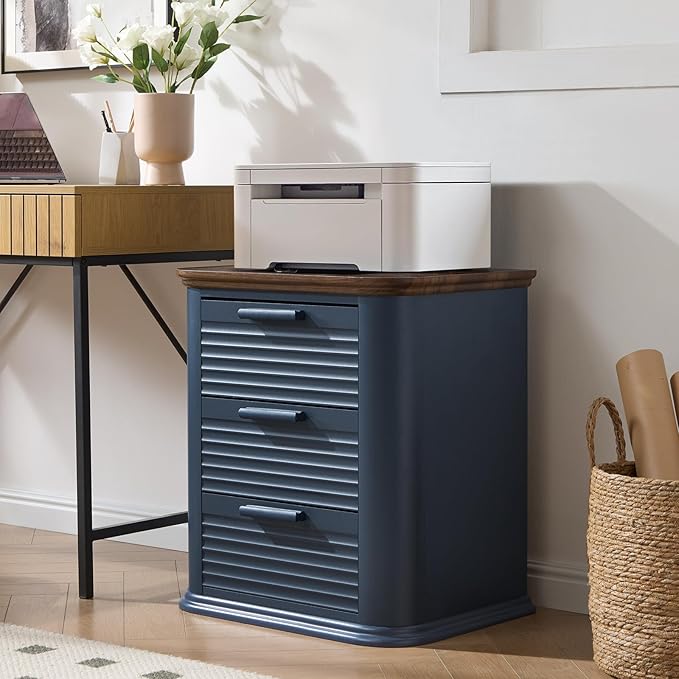 Okvnbjk 22" Wide Fluted Nightstand with Charging Station, Mid Century Modern End Table for Living Room, Bedroom, Home Office, Wood Curved 3 Drawer Dresser, Large Bedside Tables, Navy Blue