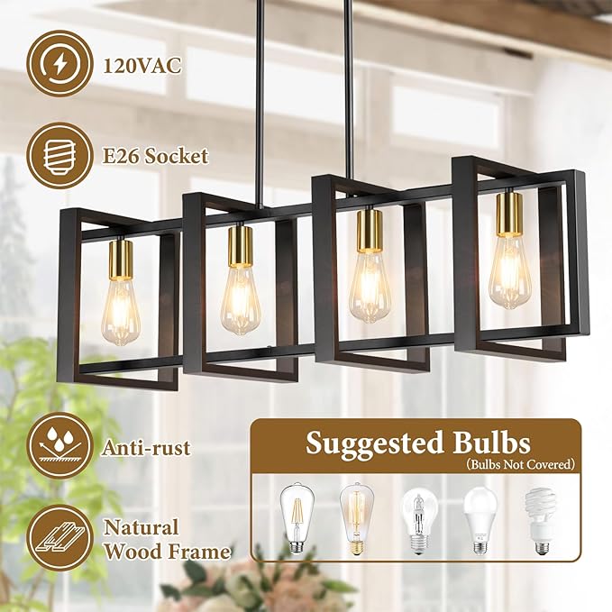 4-Light Dining Room Light Fixture, 53’’ Farmhouse Wood Chandelier Kitchen Island Lighting Over Table, Modern Black Gold Rectangular Hanging Pendant Light Fixture for Living Room, E26 Sockets