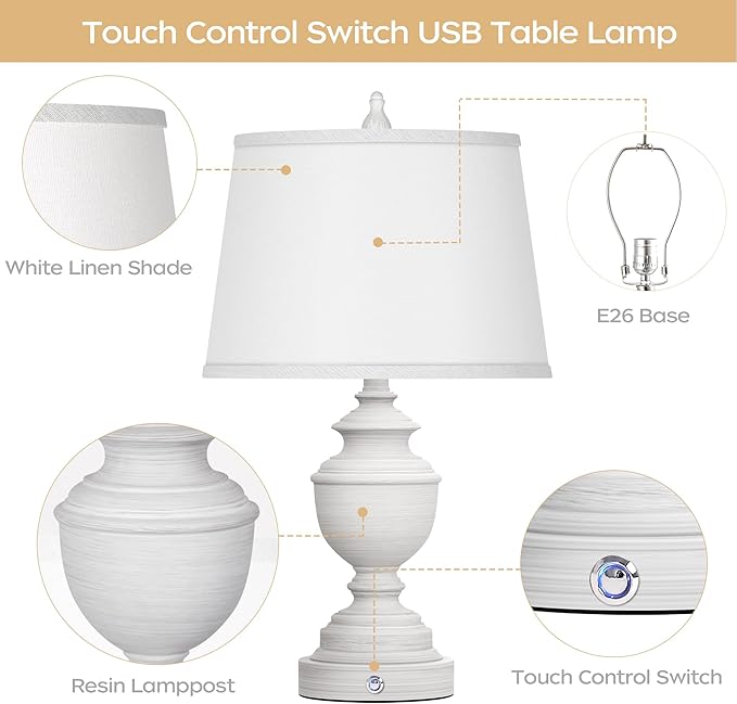 Table Lamps Set of 2, Modern Farmhouse Nightstand Lamp with USB Ports, 3-Way Dimmable Touch Control Washed White Bedside Lamps with Off-White Linen Shade for Bedroom Living Room, Bulbs Included