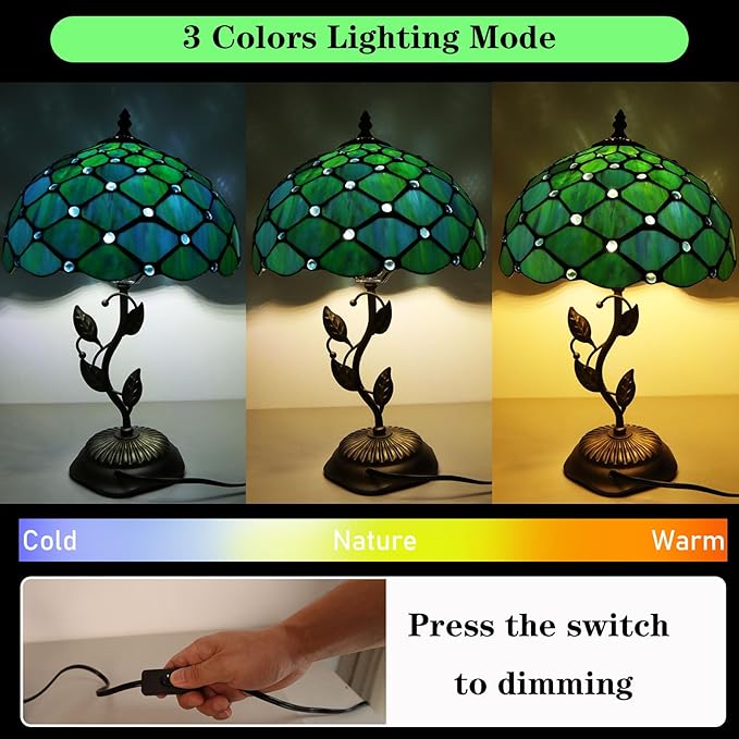 Stained Glass Table Lamp, Blue Green Style Metal Leaf Base Desk Reading Light 12X12X19 Inches Decor for Bedroom Living Room Office