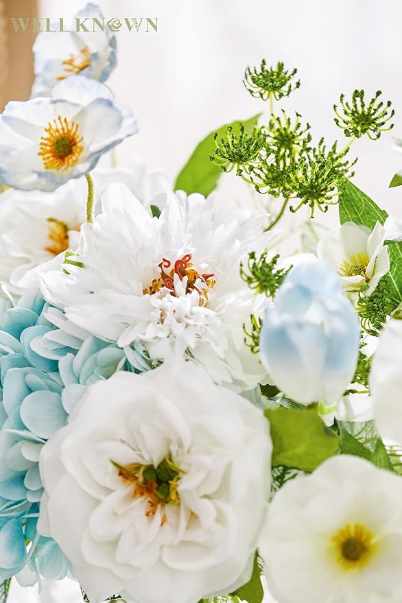 WELL KNOWN Artificial Silk Flowers Bouquet with Vase, Fake Flower Arrangements in Glass Vase with Faux Water for Spring Summer Seasonal Home Office Hotel Wedding Table Decor (Blue in Spring)