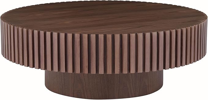31.49" Round Wood Coffee Table for Living Room Circle Pedestal Coffee Table Mid Century Modern Fluted Accent Table for Apartment Easy Assembly (Walnut,Round+Ø31.49"x13.97")