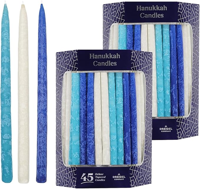 The Dreidel Company Dripless Chanukah Hanukkah Candles Decorative Dark Blue, White with Frosted Stripes, 45 Candles (5-Pack)