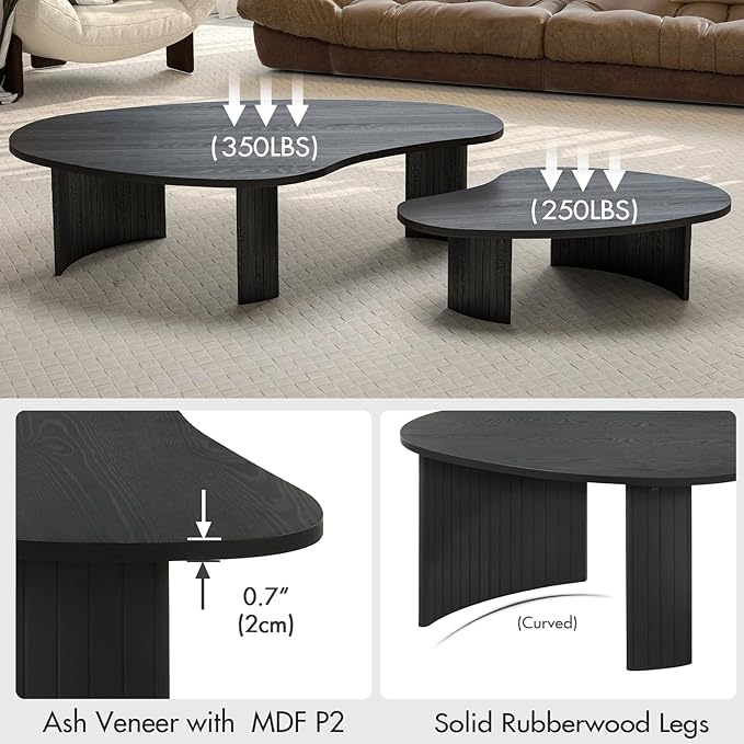 Black Wood Coffee Tables Set of 2 for Living Room, Modern Nesting Center Table with Fluted Solid Rubberwood Legs and Oval Mango Shape for Small Apartment