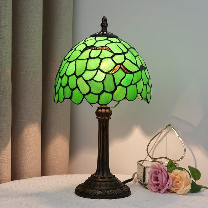 Tiffany Lamp - Green Leaf Stained Glass Table Lamp 8x8x14 Inches - Green Leaf Style Desk Reading Light - Bedroom & Living Room Decor