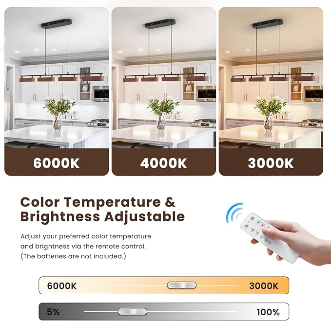 50.2" Kitchen Island Lights, 38W Wood Dining Room Light Fixtures Over Table, Dimmable Linear Pendant Lights for Kitchen Island, 4-Light Rustic Hanging Farmhouse Chandeliers, Walnut Color