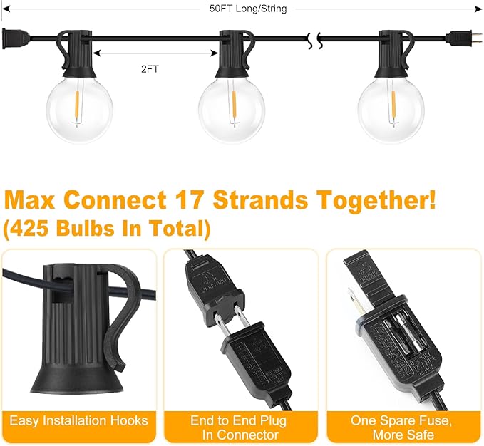 Bosceos 50FT Outdoor G40 LED Globe String Lights Dimmable Waterproof Shatterproof Light Strings with 25 Bulbs Connectable Commercial Hanging Lights for Christmas Patio House Backyard Balcony Party