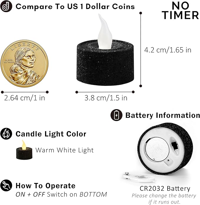 FURORA LIGHTING Black Glitter LED Tealight Candles Pack of 12, Flameless Flickering Tealight Candles for Home Décor, 1.5’’(W) x 1.65’’(H), Battery Operated