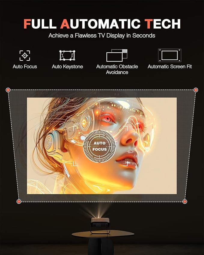 【Native 1080P】Smart Mini Projector with WiFi and Bluetooth, Auto Focus & Keystone Portable Outdoor Projector, VOPLLS 4K Support Home Theater Movie Proyector