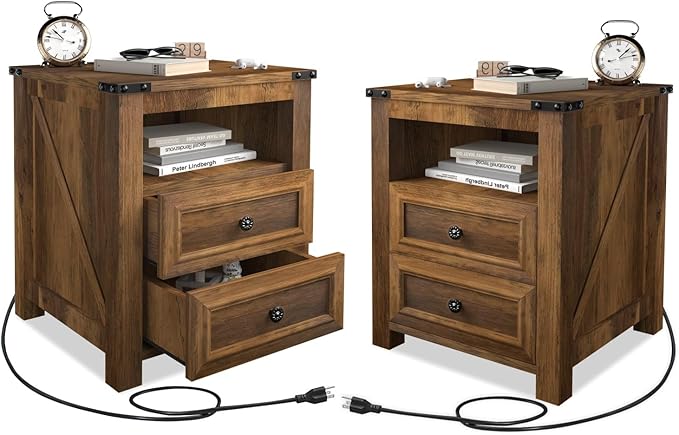 MUUEGM Farmhouse End Table with Charging Station, Side Table for Living Room, Sofa Side Table with Drawers and Storage Cabinet, Night Stand for Bedroom, Brown, Set of 2