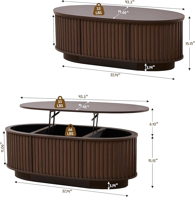 Oval Lift Top Coffee Table, 43.3'' Fluted Coffee Table with Hidden Storage Compartment, Mid Century Modern Dining Table Wooden Center Table for Living Room, Office, Small Spaces (Dark Brown)