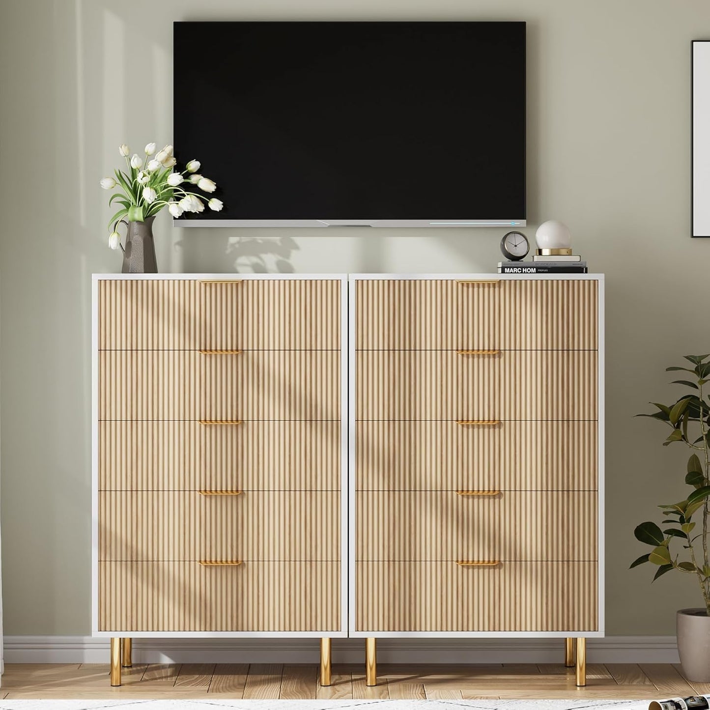 GAOMON 5 Drawer Dresser, Wood Chest of Drawers Organizer Storage with Gold Handle, Tall Storage Cabinet, Modern Design Dresser for Bedroom, Living Room, Closet, Hallway, Entryway, Natural