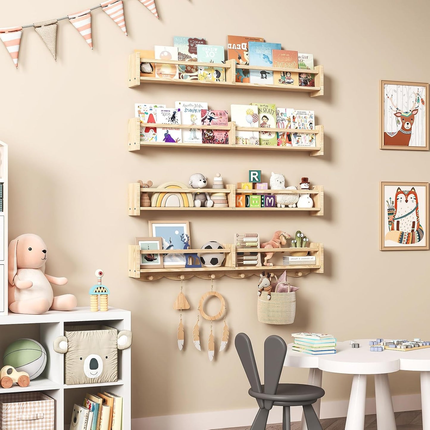 34Inch Nursery Bookshelves,Set of 4,Wall Floating Shelf Kids Coat Rack with 6Hooks,Hanging Book Shelf for Baby Nursery Room Décor， Patent Number: 29958098(Burlywood, 34)
