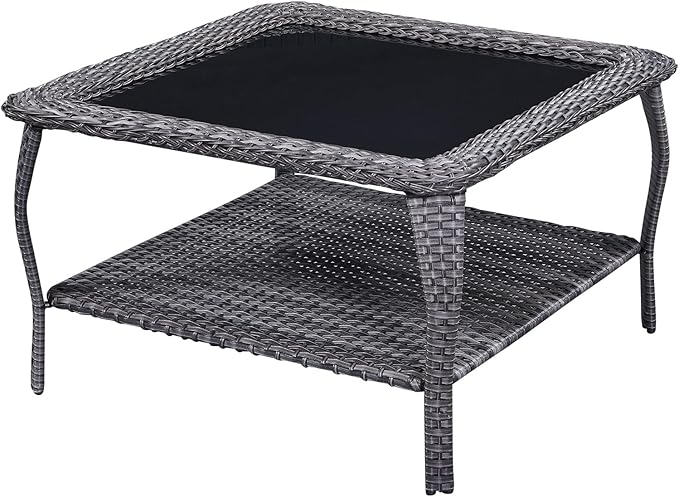 Rilyson Patio Tables Outdoor Coffee Table - Wicker Rattan Coffee Tables with 2-Tier Storage Shelf Glass Top for Proch Deck Balcony Garden Squre Mixed Grey