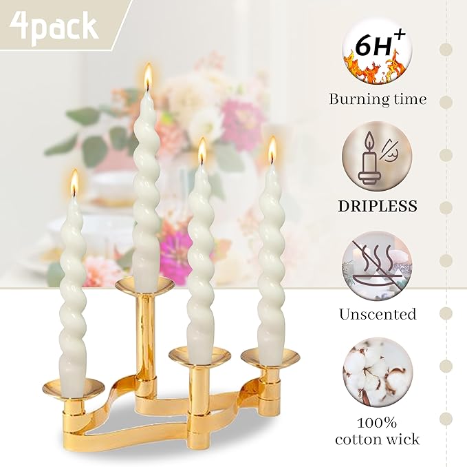 Smokeless Short Candles Elegant Ivory Twisted Spiral Candles 7.5 Inch Unscented Candlesticks Handmade Taper Candles 4 Pcs for Holiday Gifts Romantic Dinner Decoration