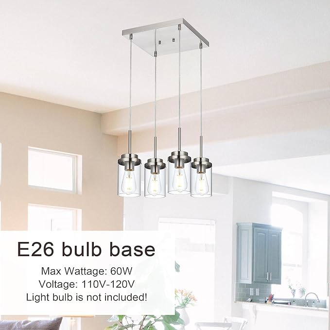 MELUCEE 4-Light Hanging Pendant Light Fixtures with Clear Glass Shade, Brushed Nickel Modern Chandelier Dining Room Light Fixtures Over Table Kitchen Island Lighting, Height Adjustable