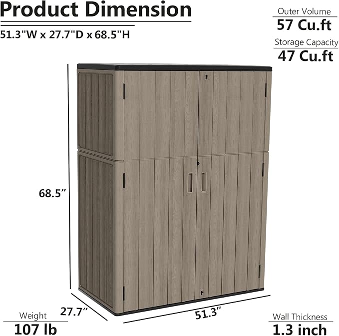 ZZM 57 Cu.ft Outdoor Storage Shed with Floor HDPE Double-Wall Resin Sheds Outdoor Storage, Lockable Weatherproof Storage Cabinet Fit for Garden Tools, Garage can, Bike, Patio Furniture, Coffee