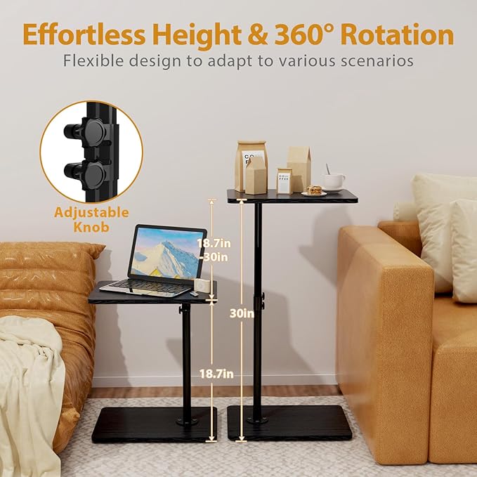 TV Tray Table, Adjustable C Shaped Side Table for Couch, 360°Swivel Couch Side Table C Table That Slide Under Couch Desk for Small Space Sofa Bed Snack Living Room Bedroom (Black)