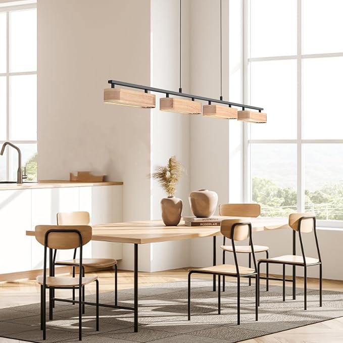 50.2" Linear Island Lights for Kitchen, 38W Wood Chandeliers for Dining Room, LED Rustic Dimmable Lighting Fixture for Farmhouse, 4-Light Pendant Lights for Kitchen Island Over Table